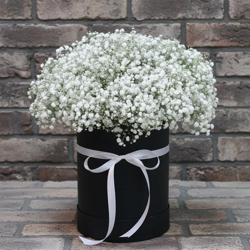 Цветочная композиция из Гипсофила в шляпной коробке в Лучегорске