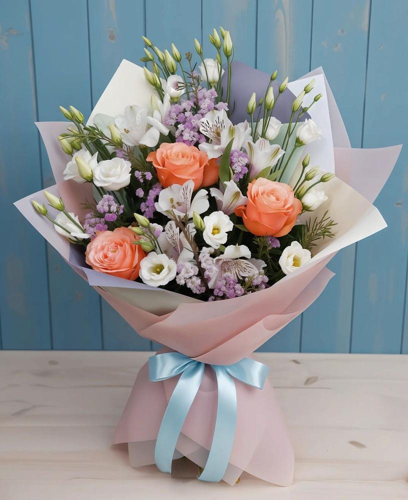 Букет цветов из: Лизиантусы, Розы, Альстромерии и Гипсофила в Лучегорске