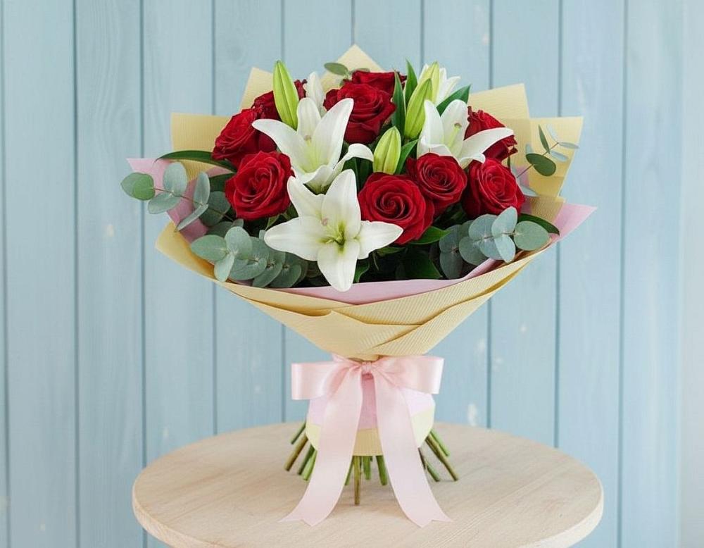 Букет цветов из: Лилии и Розы в Лучегорске